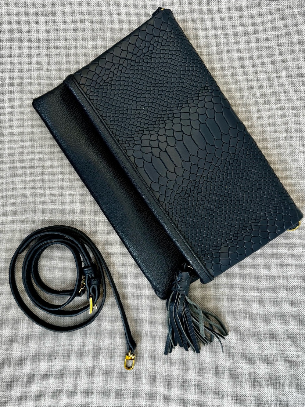 Navy Embossed Convertible Crossbody/Clutch with Tassel Detail